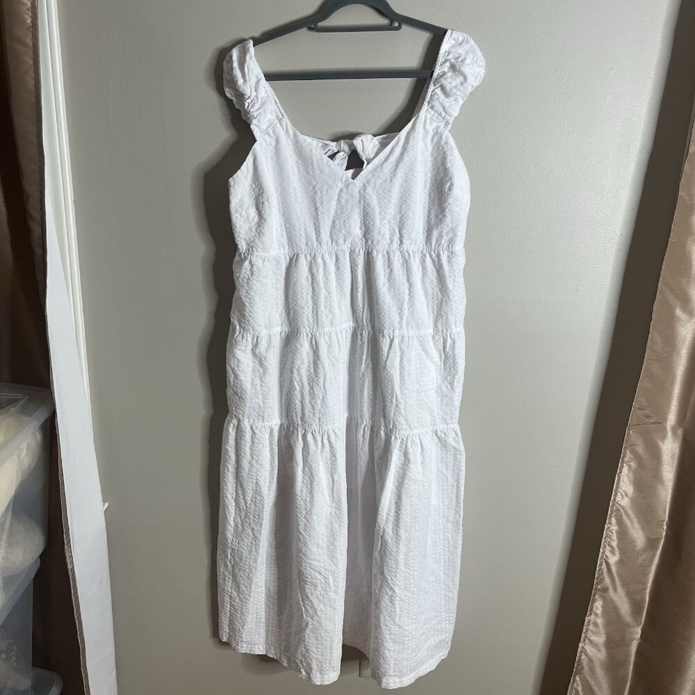 Old Navy Size XL White Tiered Maxi Midi Boho V-Neck Puff Shoulder CottonDress - Picture 1 of 7